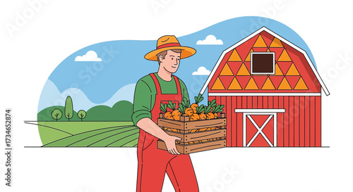Illustration of a farmer carrying a crate of carrots in front of a red barn in a rural setting
