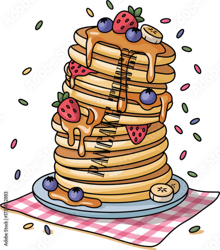 Stack of Pancakes with Fruit and Syrup