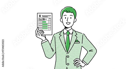 Smiling business professional confidently presenting an important financial report or successful data document, highlighted with green checkmarks signifying positive outcomes and achievements