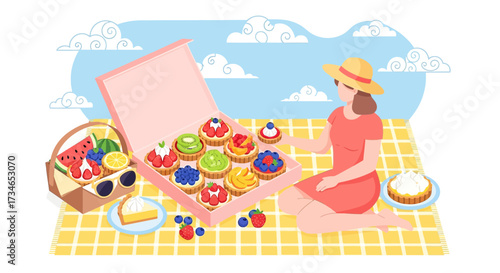 Illustration of a girl enjoying a picnic with fruit tarts and summer treats outdoors