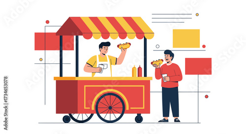 Illustration of a hot dog stand with vendor and customer enjoying street food concept