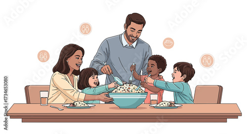 Illustration of a happy family sharing a meal together at the dinner table with love