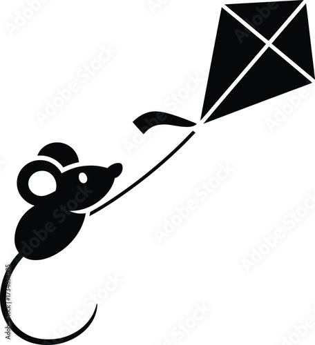 Whimsical Mouse Flying a Kite Icon (Black Silhouette)