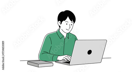 Smiling young man focused on his laptop, engaged in productive work or online learning, embodying modern digital lifestyle and remote productivity