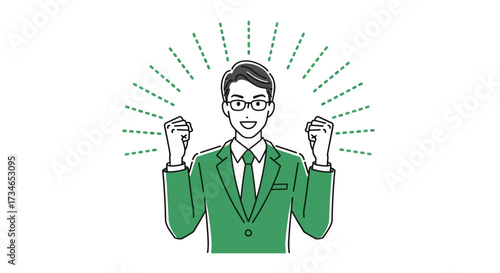 Dynamic illustration of a confident businessman in a green suit, radiating success and determination with a cheerful expression and celebratory pose, symbolizing achievement and positive drive