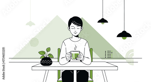 Illustration of a man enjoying a peaceful moment with a cup of green tea indoors illustration