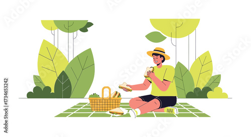 Illustration of a Man Enjoying a Picnic Outdoors with Food and Nature Elements Serene Summer Day