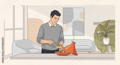Illustration of a man enjoying a traditional Moroccan Tagine in a modern living room setting