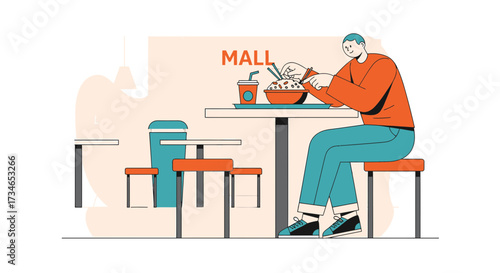 Illustration of a man enjoying meal at food court inside shopping mall concept art