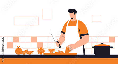 Illustration of a man in apron cutting oranges in a kitchen setting preparing food for cooking