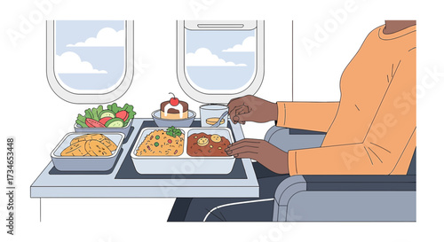 Illustration of a Passenger Enjoying a Meal on a Flight with a Window View Airplane Comforts