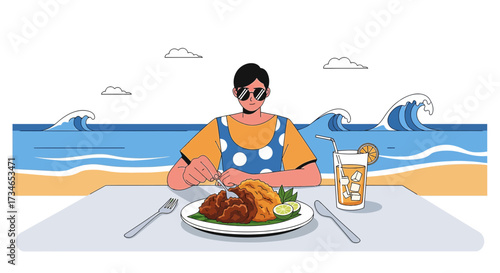 Illustration of a person dining at a beach restaurant enjoying a meal with ocean view