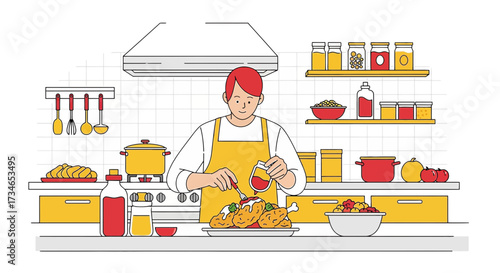 Illustration of a person cooking in a kitchen preparing fried chicken with sauce and vegetables