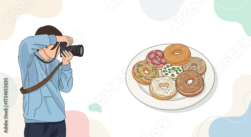 Illustration of a photographer taking a picture of a plate of colorful assorted donuts delicious