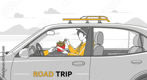 Illustration of a road trip adventure, featuring a car and enjoying fries on the go portraying the