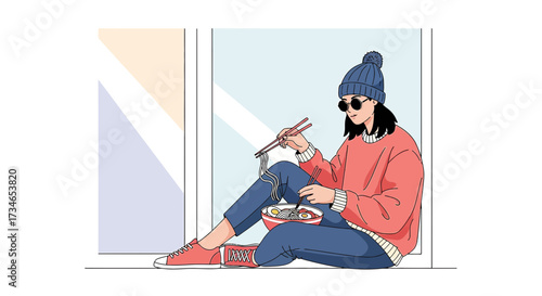 Illustration of a trendy woman enjoying a bowl of ramen by the window light indoors