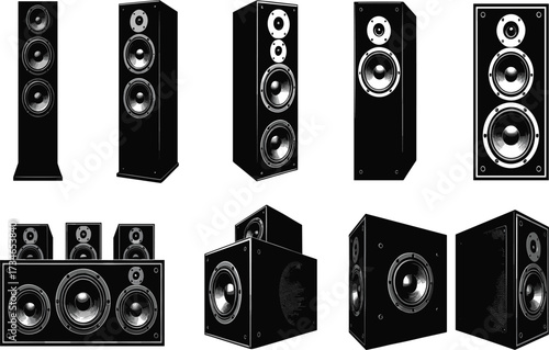 Black speaker vector illustration set, audio equipment icons, sound system design, music device collection, stereo layout for stock use