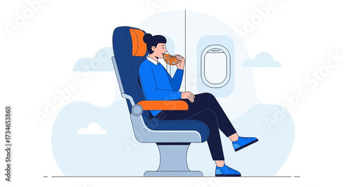 Illustration of a woman eating fruit on an airplane near a window seat enjoying travel