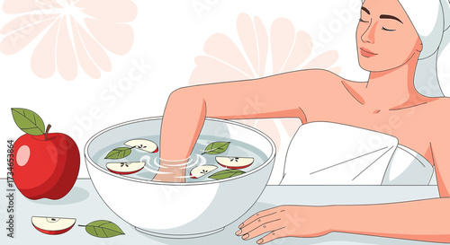 Illustration of a woman doing a hand spa with apples for beauty and relaxation a serene spa