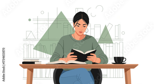 Illustration of a woman engrossed in reading a book in a library setting showcasing focus and