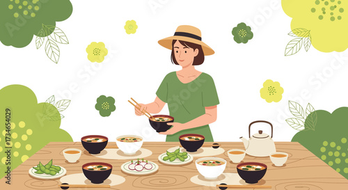 Illustration of a woman enjoying a traditional Japanese meal in a serene garden setting featuring