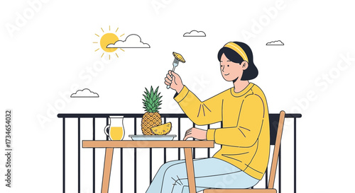 Illustration of a woman enjoying a tropical breakfast on a sunny balcony scene