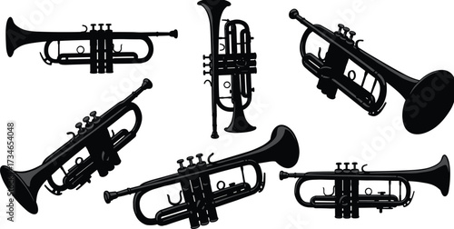 Black trumpet silhouette vector set, brass musical instrument icons, wind instrument illustration, artistic layout design for stock use