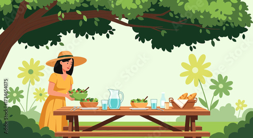 Illustration of a woman preparing salad for a picnic in a park setting serene ambiance