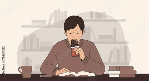 Illustration of a young man studying or reading a book while enjoying a chocolate bar in a cozy room