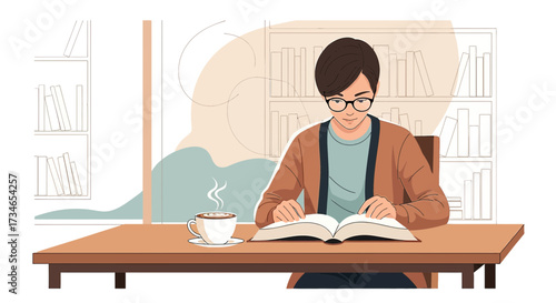Illustration of a young man reading a book with a cup of coffee on a table near a window
