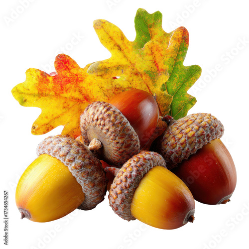 Colorful acorns and autumn leaves arranged on a white background creating a seasonal display