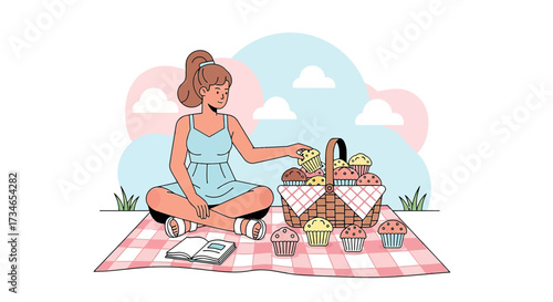 Illustration of a young woman enjoying a picnic with cupcakes and a book outdoors