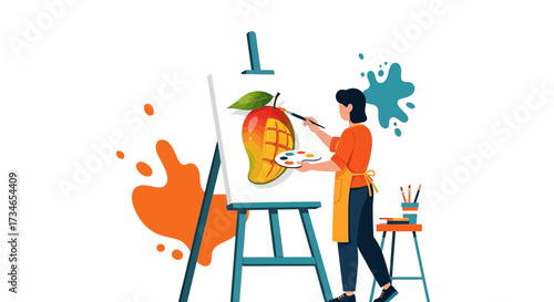 Illustrative artwork featuring an artist painting a vibrant mango on a canvas  in a creative