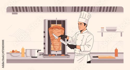 Illustrative depiction of a chef preparing shawarma in a commercial kitchen setting complete with