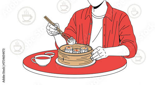 Illustrative depiction of a man enjoying a dim sum meal with tea in a restaurant setting