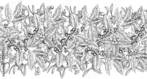 Botanical border with holly berries, branches. Christmas Vintage seamless pattern.Black white Hand drawn engraved vector illustration for design package, holiday, wrapping paper, new year decor