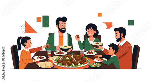 Joyful family gathering enjoying a delicious Middle Eastern meal together sharing quality time and