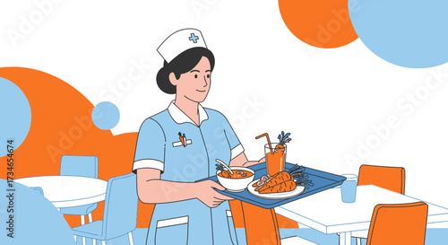 Kind nurse brings tray of food to patient in hospital room, providing care and support