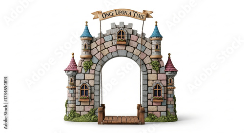 Whimsical Storybook Castle Entrance Archway with Once Upon A Time Banner and Fairy Tale Charm