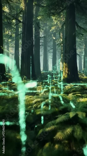 Cinematic drone video of a lush, ancient forest canopy with emerald greens. Pulsing golden-green, teal bioluminescent patterns trace intricate data architecture. Concept of profound discovery,