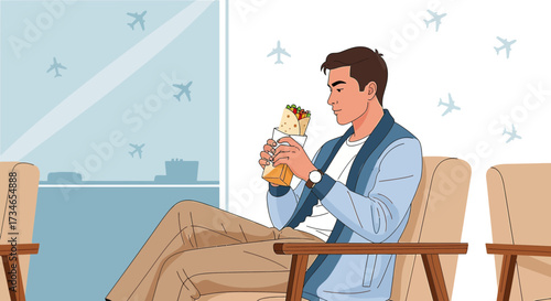 Man enjoying a wrap at the airport departure lounge before boarding his flight destination