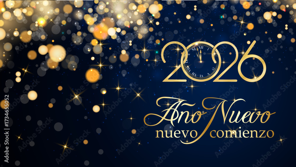 Tarjeta o pancarta para desear un nuevo comienzo para el nuevo año 2026 en dorado sobre fondo azul con círculos de color dorado y brillo en efecto bokeh.
