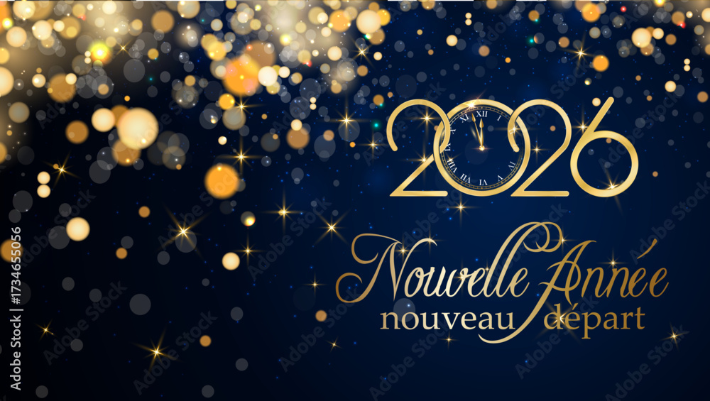 carte ou bandeau pour souhaiter un nouveau départ pour la nouvelle année 2026 en or sur un fond bleu avec des ronds et des paillettes de couleur or en effet bokeh	
	