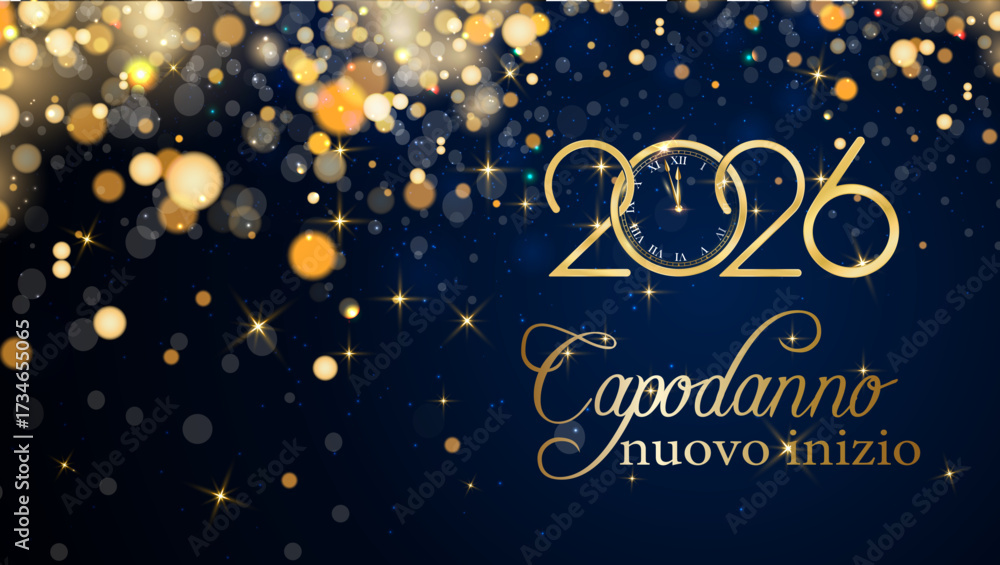 biglietto o striscione per augurare un nuovo inizio per il nuovo anno 2026 in oro su sfondo blu con cerchi color oro e glitter effetto bokeh