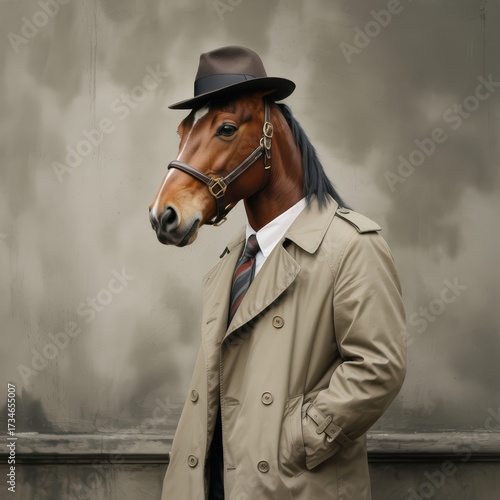 Surrealism anthropomorphic  horse detective in trench coat and fedora hat funny surreal animal portrait art