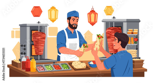 Man selling delicious shawarma to customer at restaurant with turkish lanterns hanging