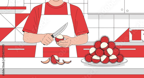 Man peeling a lychee with a knife in a red and white kitchen preparing to eat it
