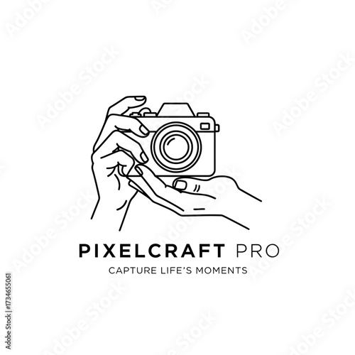 A minimalist line art logo featuring hands holding a camera, with the text "PIXELCRAFT PRO CAPTURE LIFE'S MOMENTS" below.