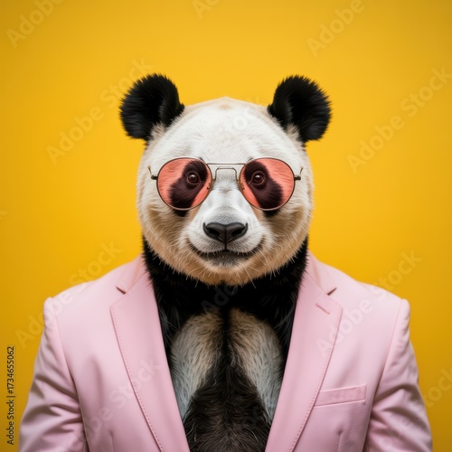Surrealism anthropomorphic  panda bear in pink suit and sunglasses animal portrait fashion style photography