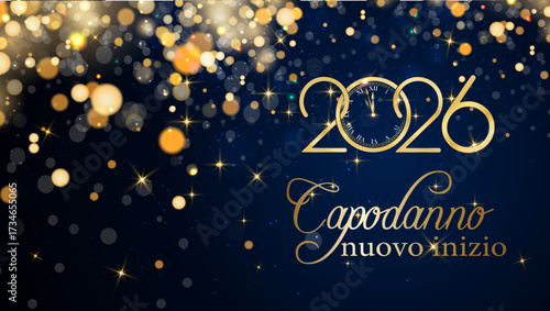 biglietto o striscione per augurare un nuovo inizio per il nuovo anno 2026 in oro su sfondo blu con cerchi color oro e glitter effetto bokeh